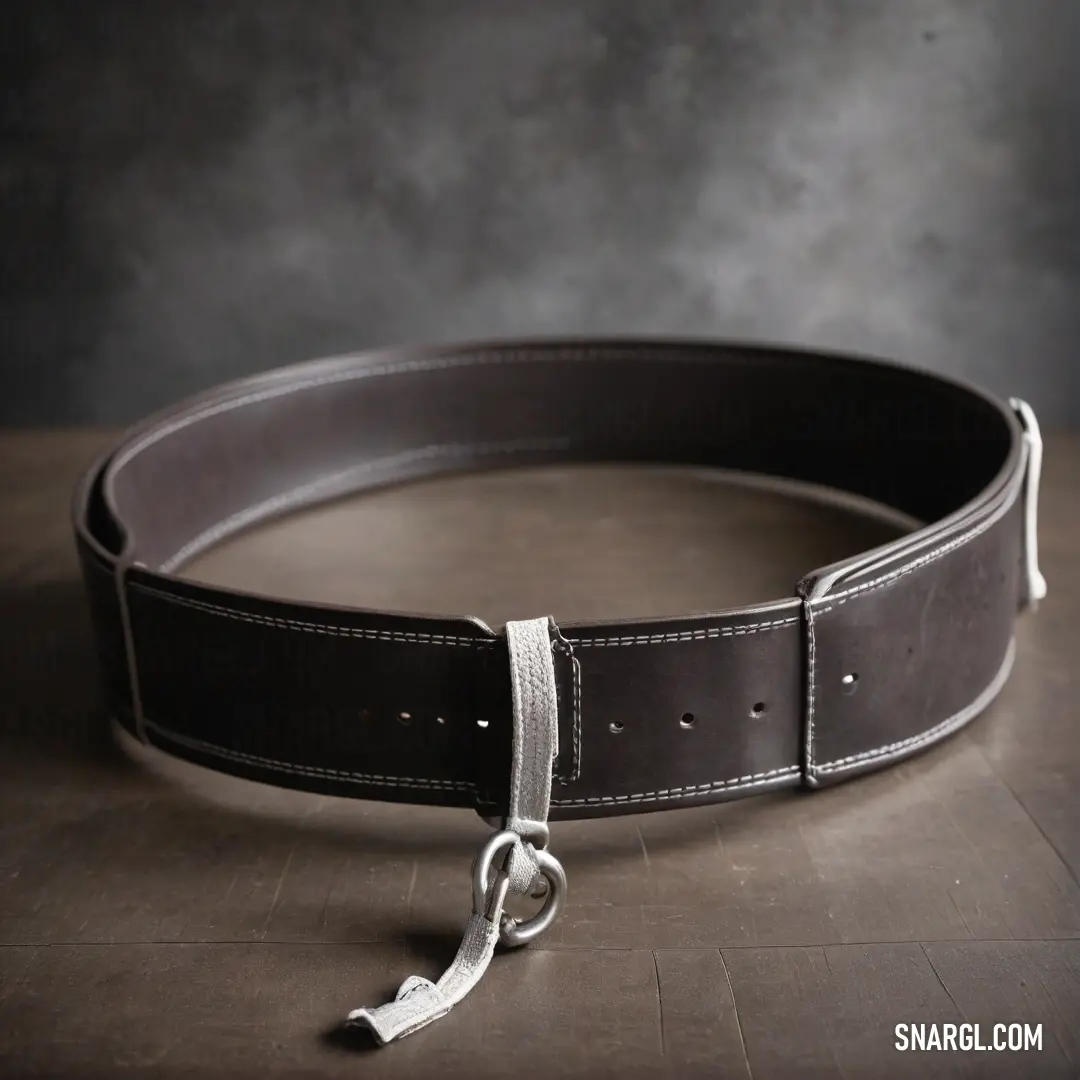 An intricately designed leather belt featuring a gleaming silver buckle rests on a rustic wooden table, shrouded in a wispy veil of smoke that adds an air of mystery. A splash of rich color that contributes to the ambiance of its surroundings.