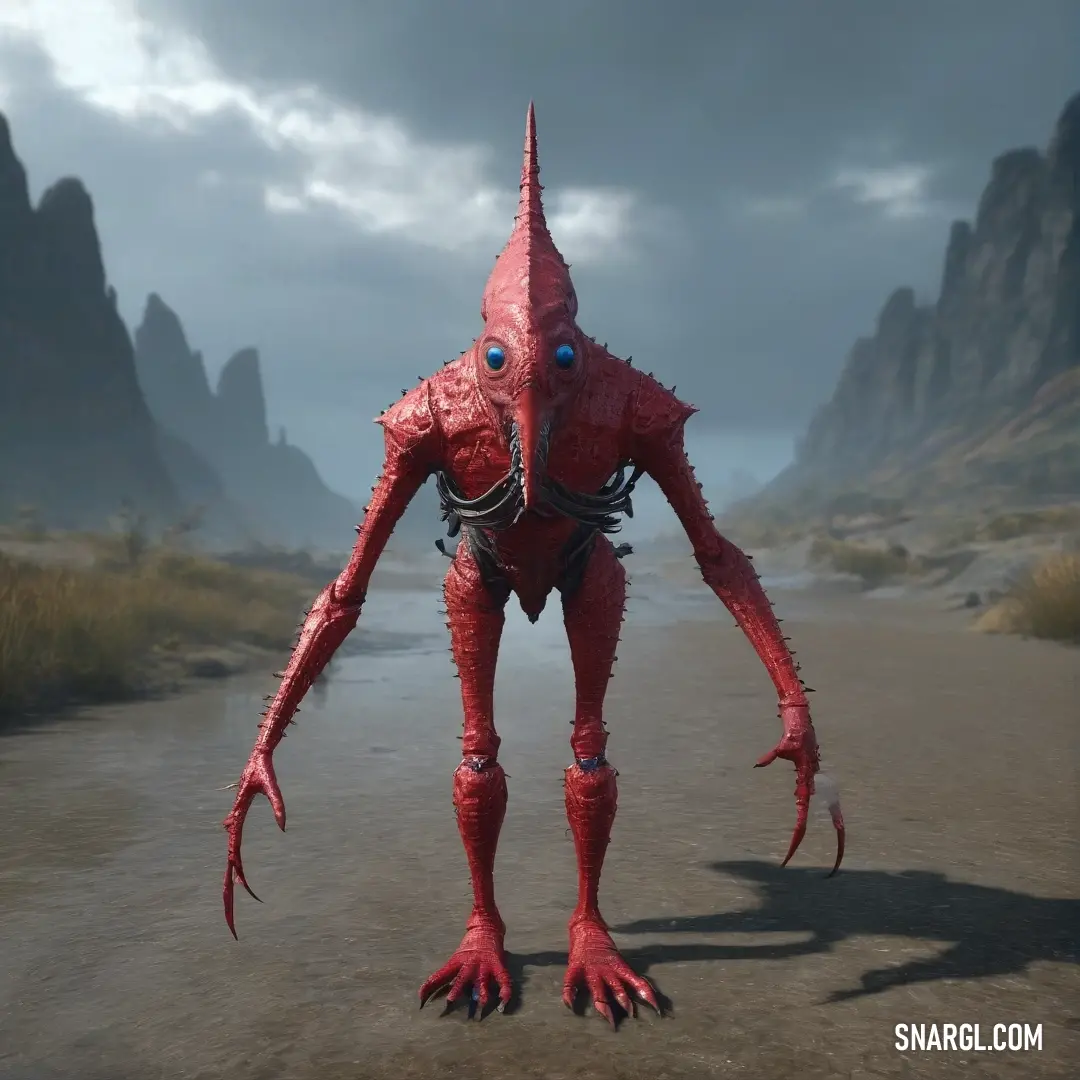 A fierce red creature stands defiantly on a dirt road in a barren desert, the majestic mountains looming behind it, capturing a moment of wild beauty and raw power.