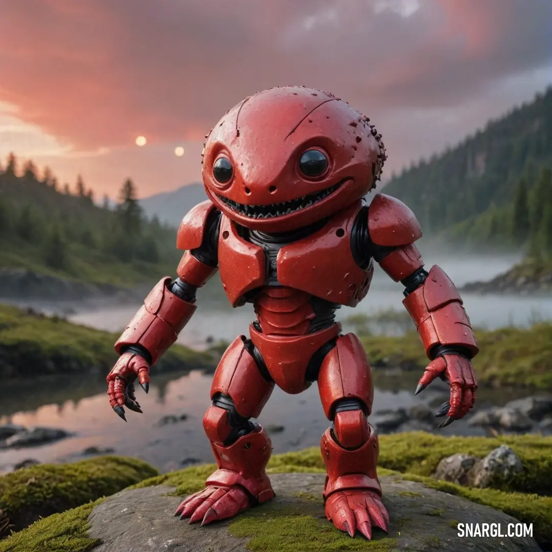 A futuristic red robot stands proudly on a rocky perch, surrounded by lush green grass and shimmering water, all captured in the warm glow of a breathtaking sunset that reflects its vibrant hue.