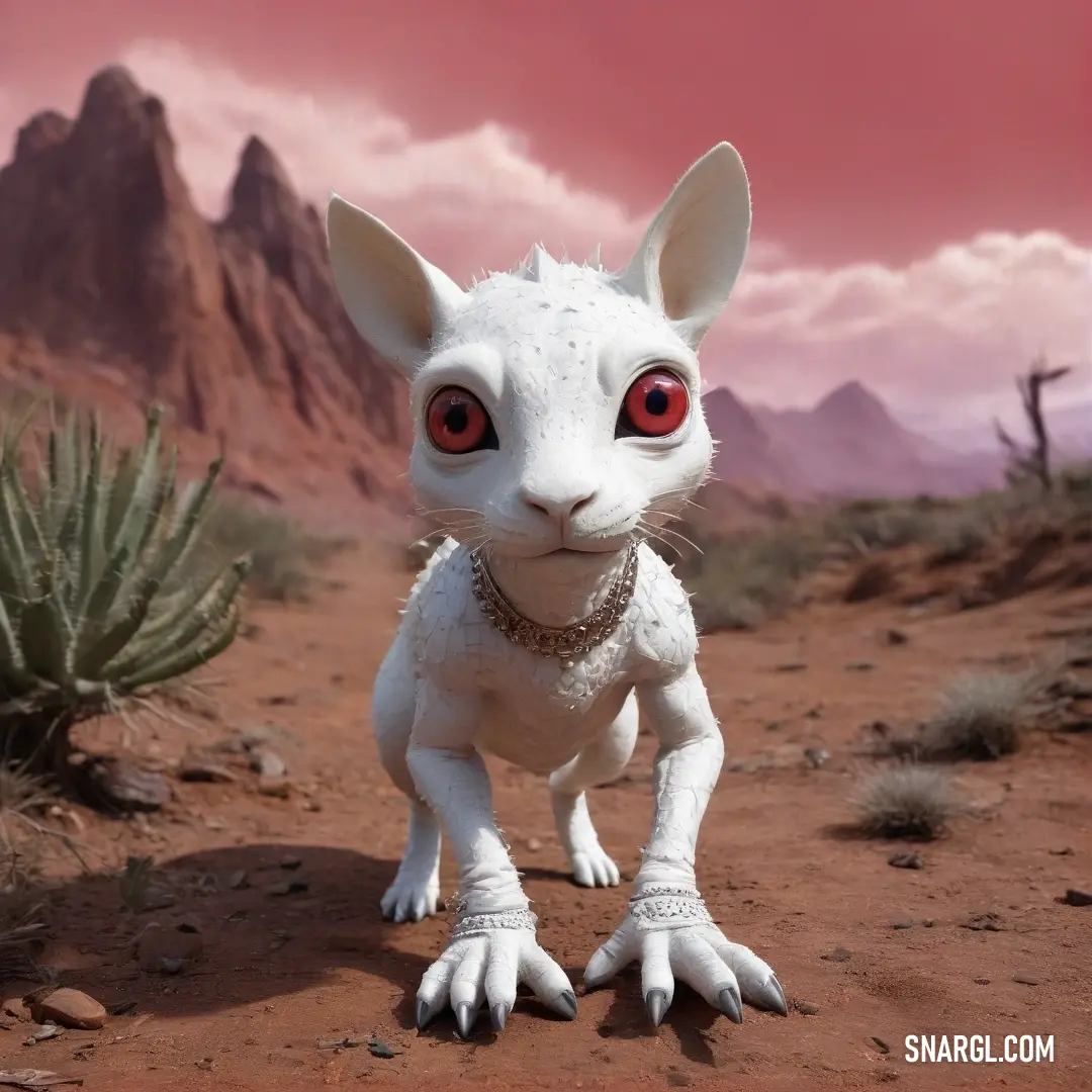 A beautiful white cat with striking red eyes stands gracefully on a dusty road, framed by majestic mountains and a lone cactus, embodying the spirit of resilience amidst nature's rugged landscape.