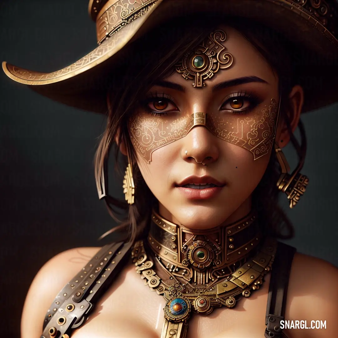 A woman adorned with a stylish hat and elegant necklace, holding a gleaming knife in her hand. The image captures her mysterious aura, set against a background of muted earth tones.