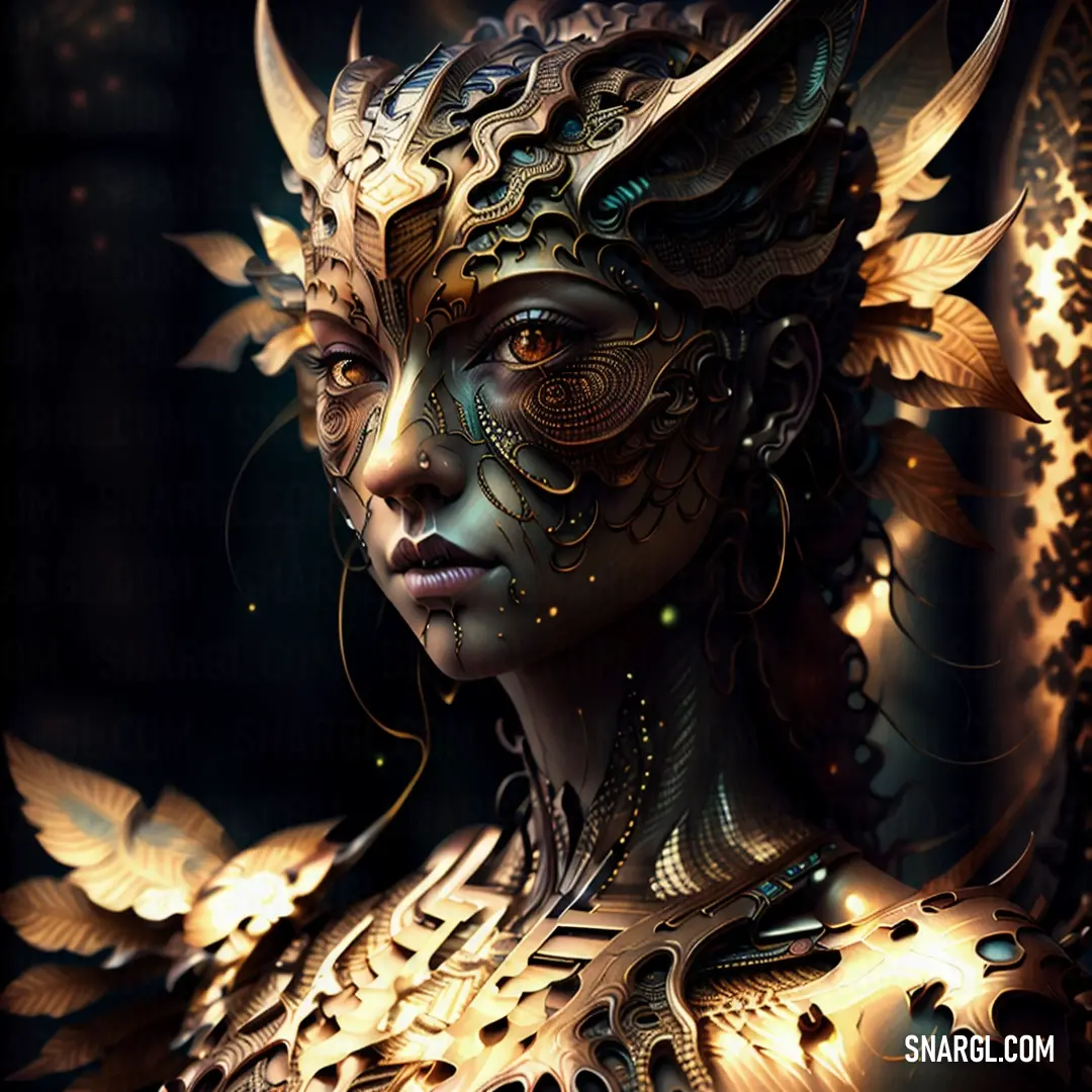 A mystical woman with golden wings and horns, her intense gaze framed by dark shadows. The contrasting colors on her face and chest create an air of mystery and otherworldly beauty.