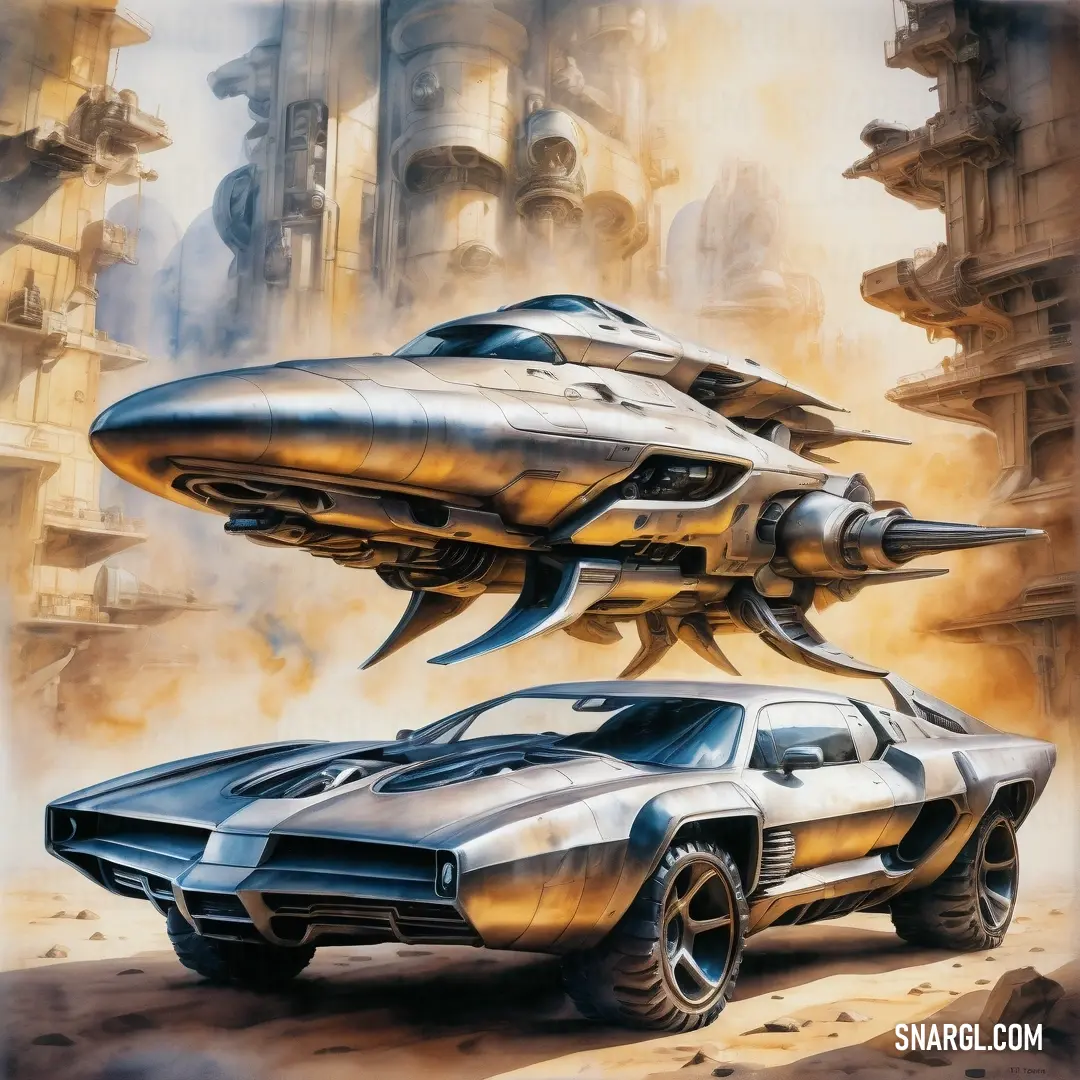 Painting of a futuristic car in a desert setting with a flying object in the background. Example of #BB9959 color.