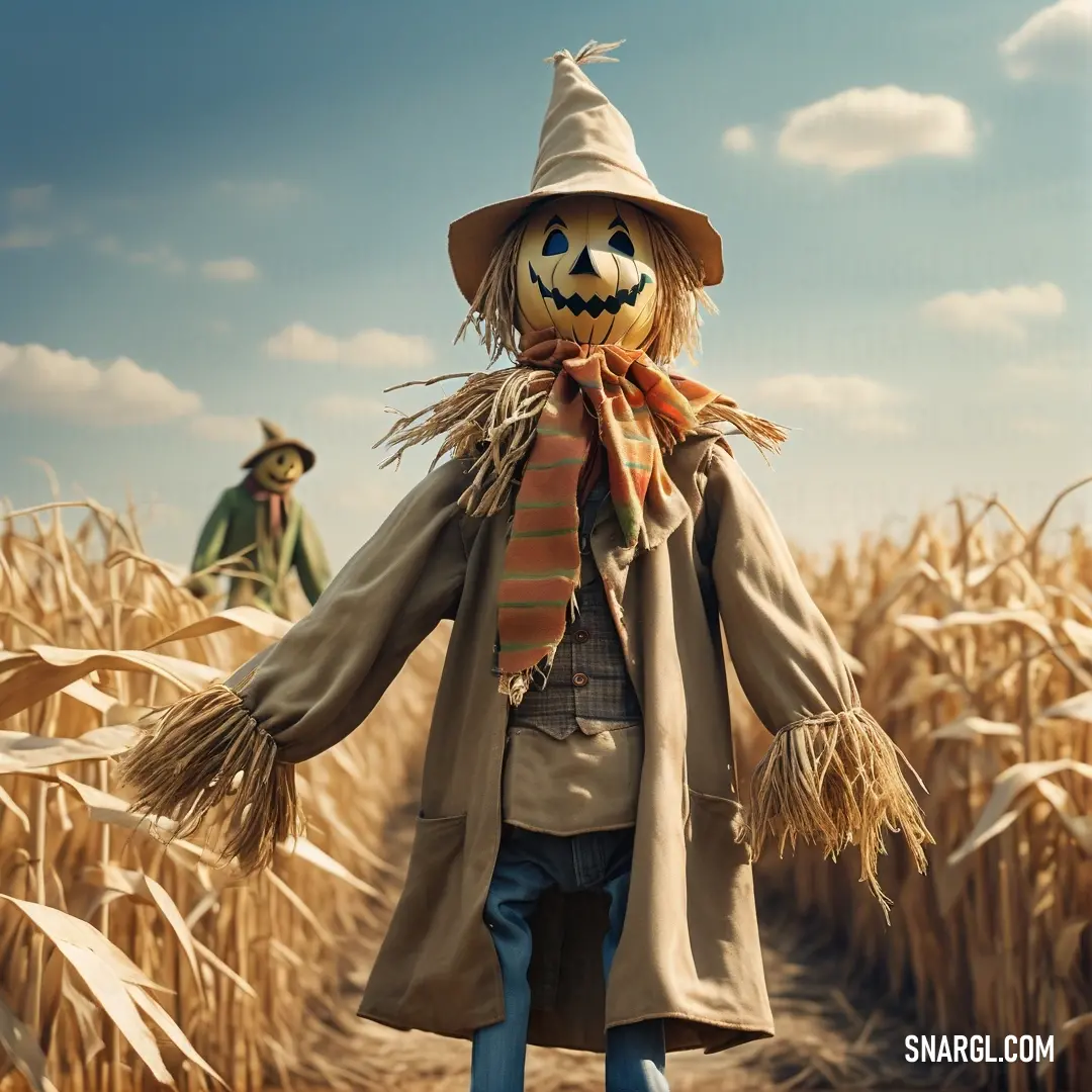 PANTONE 465 color example: Scarecrow in a scarecrow costume walking through a cornfield with a scarecrow on his head