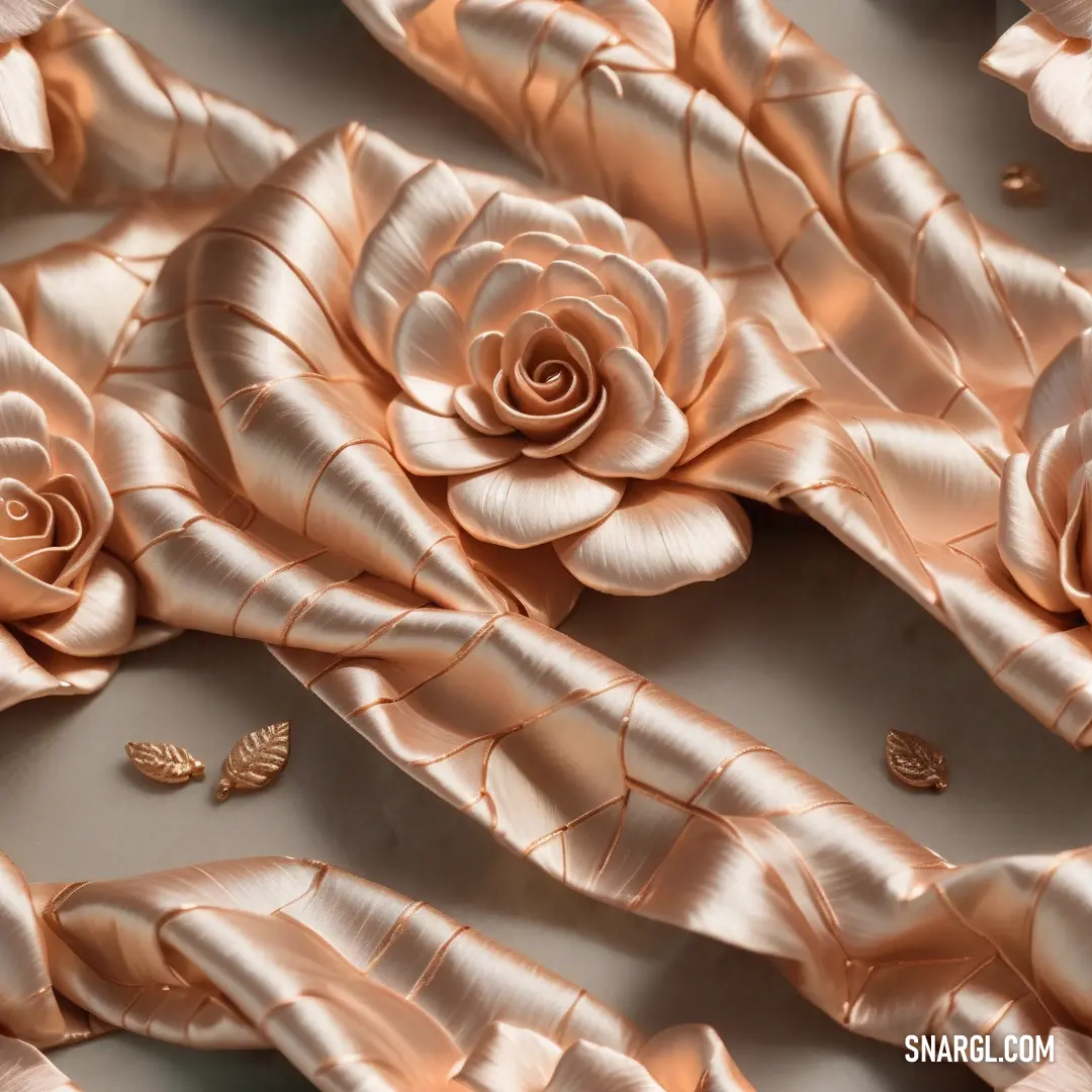 PANTONE 4655 color. Close up of a rose on a table cloth with gold leaves and butterflies on it, with a white background
