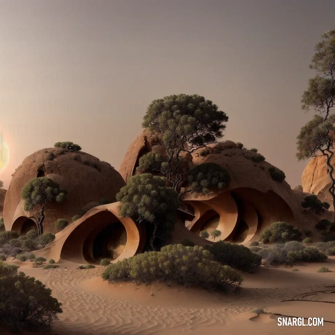 PANTONE 4655 color example: Desert scene with a rock formation and trees in the foreground