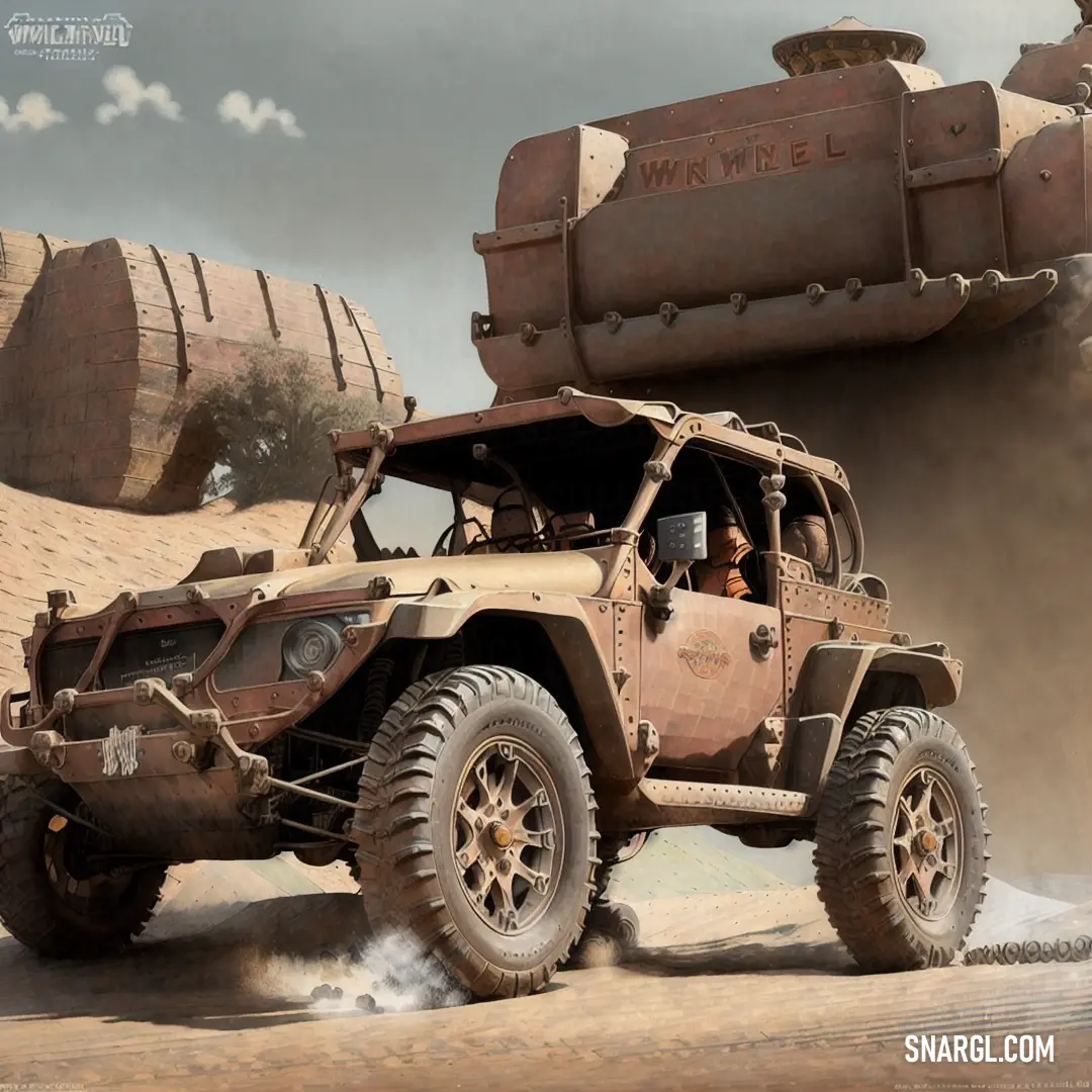 PANTONE 4655 color. Large truck driving through a desert filled with dirt and sand mounds