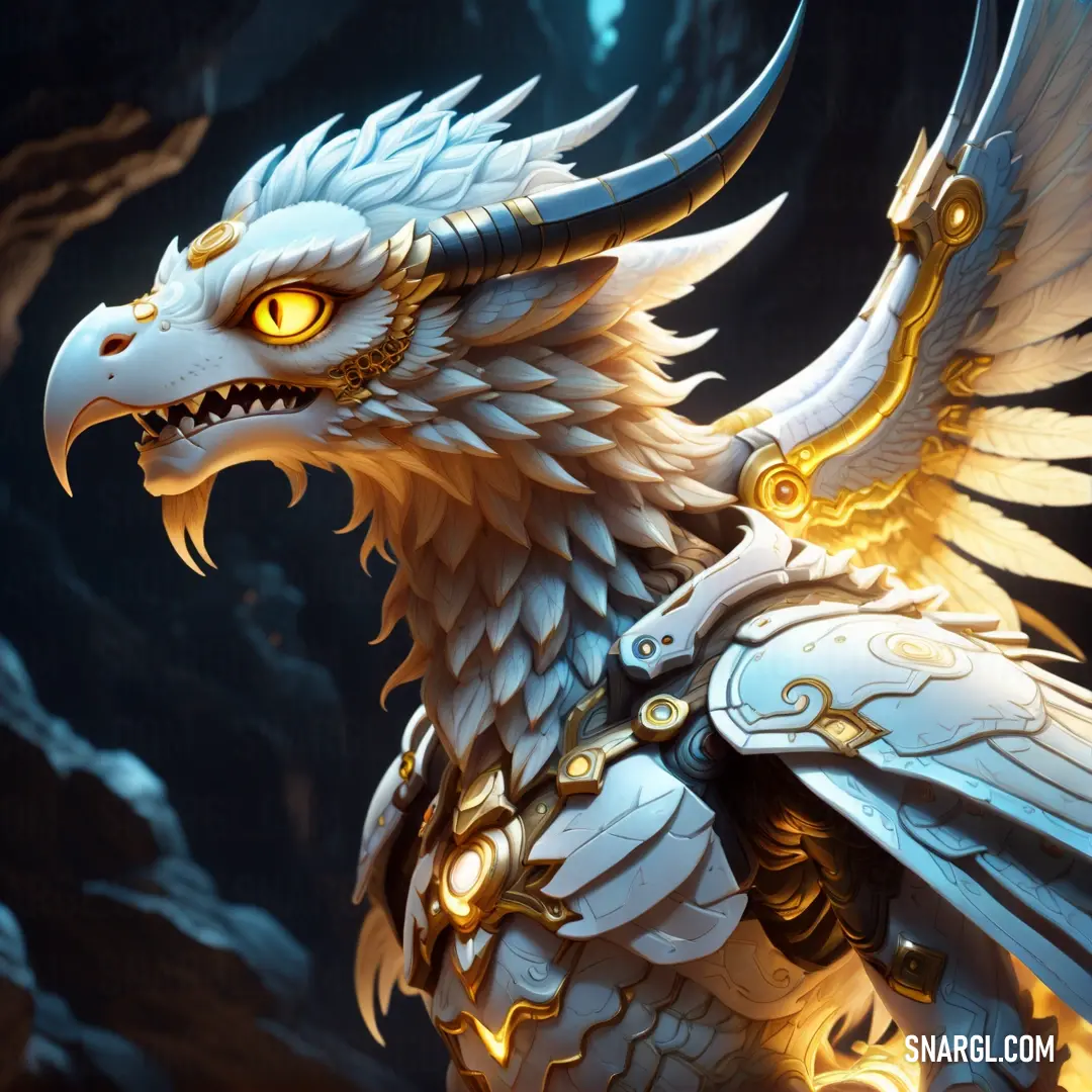 White dragon with yellow eyes and wings on its back. Color CMYK 8,23,52,15.