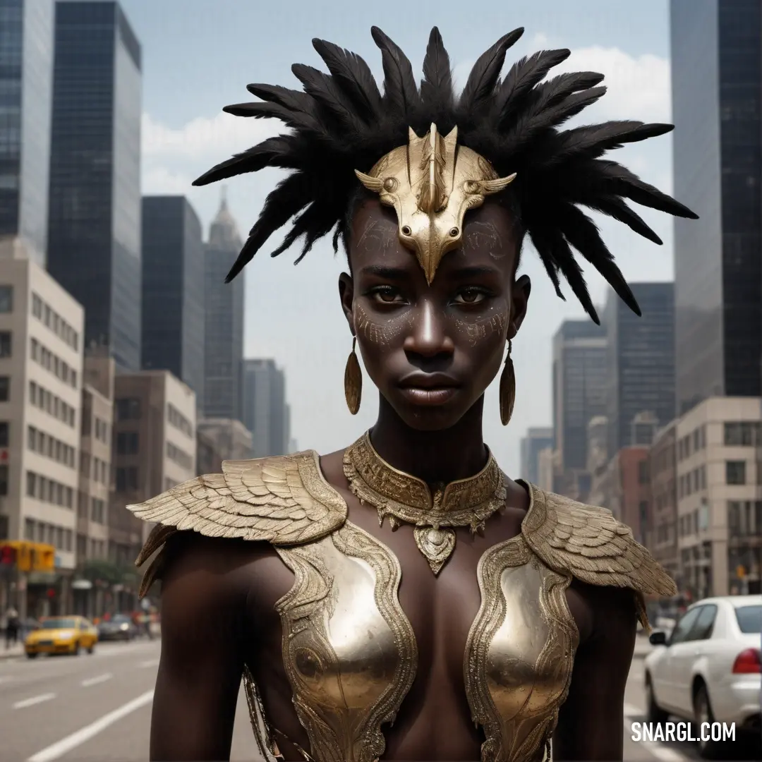 PANTONE 466 color. Woman in a gold and black costume with feathers on her head and a city street in the background