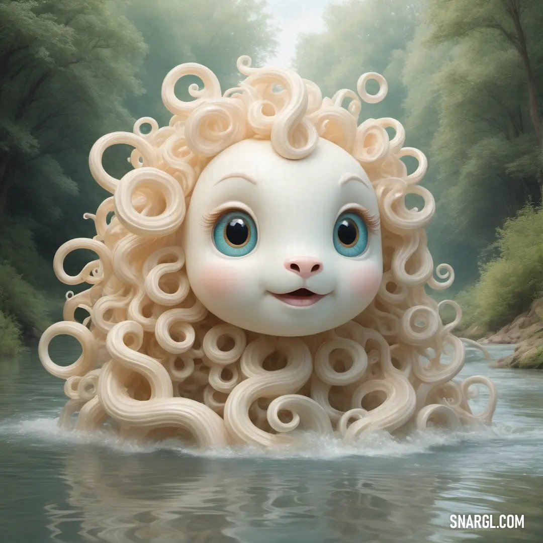 Cartoon sheep with curly hair is in the water and is smiling at the camera while standing in the water. Color CMYK 6,15,41,10.