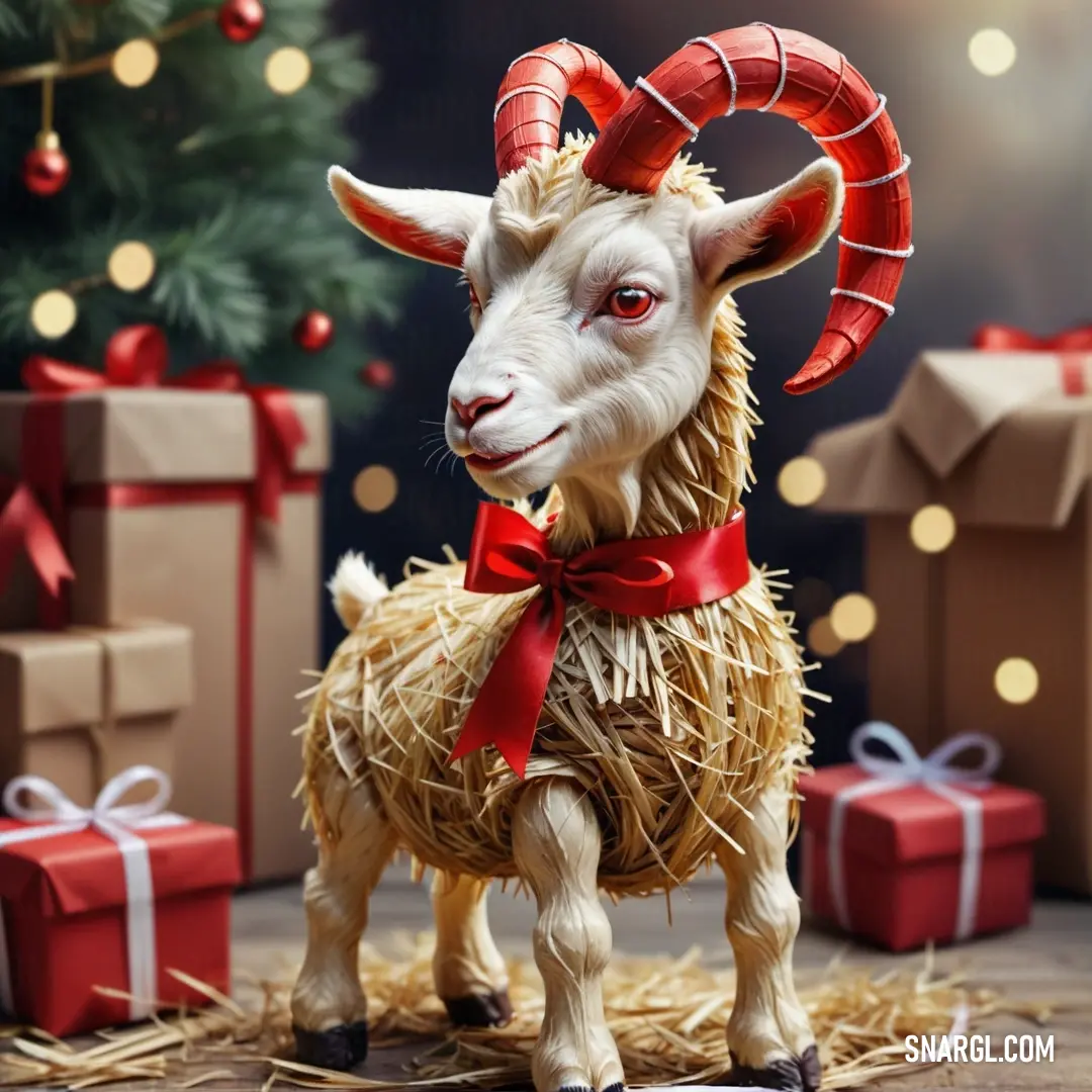 Goat with horns and a red bow around its neck standing in hay next to presents and a christmas tree. Color CMYK 6,15,41,10.