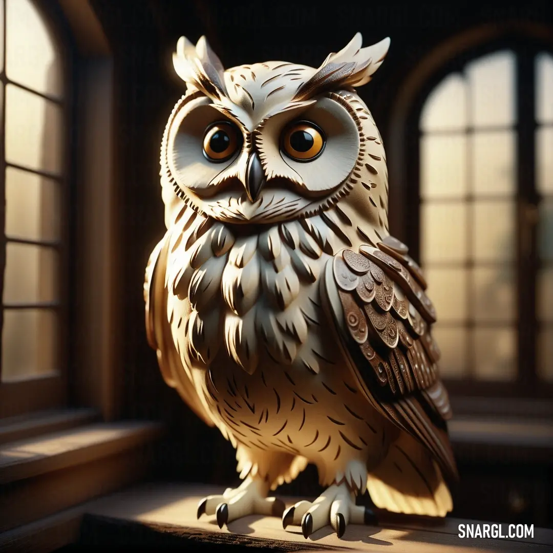 PANTONE 467 color example: Wooden owl statue on a window sill in a room with windows and a window sill