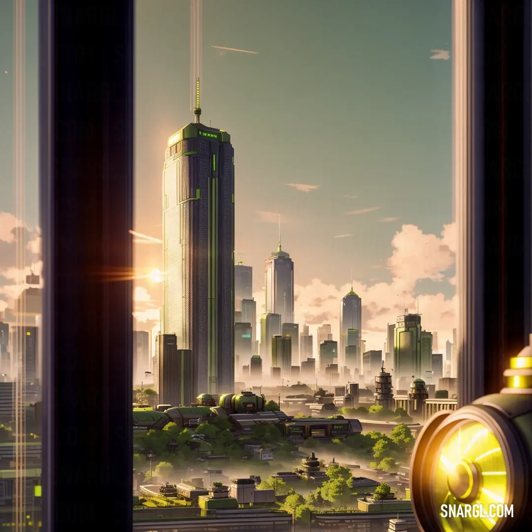 The gleaming silhouette of a city skyline is visible through a large window, framed by a telescope lens in the foreground. The bustling city appears peaceful from this vantage point, inviting a closer look at its quiet beauty.