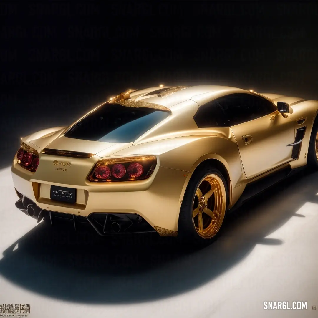 Gold sports car is shown in a studio setting with a black background. Color #DECB99.