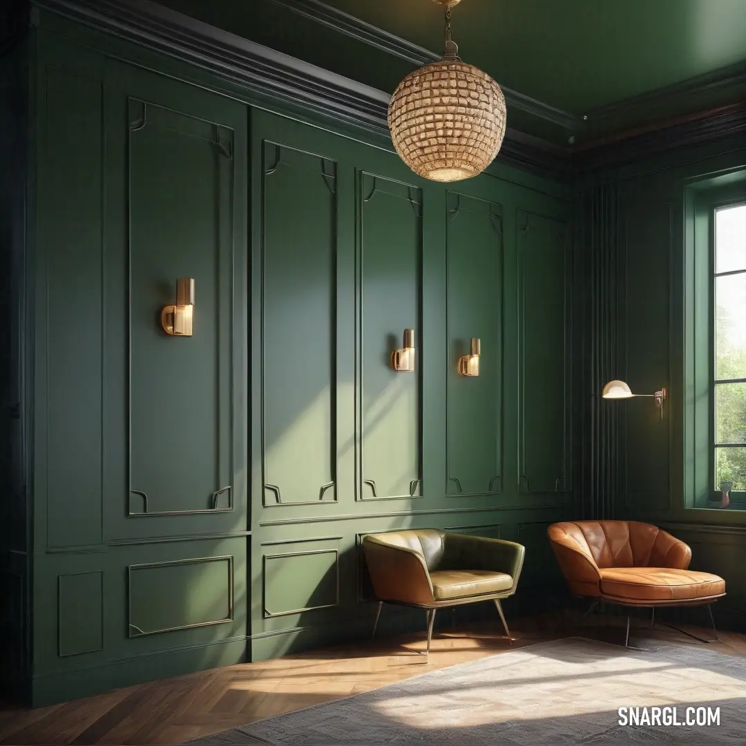 A green-toned room featuring a chair, a lamp on the wall, and a window in the corner creating a balanced and inviting interior.