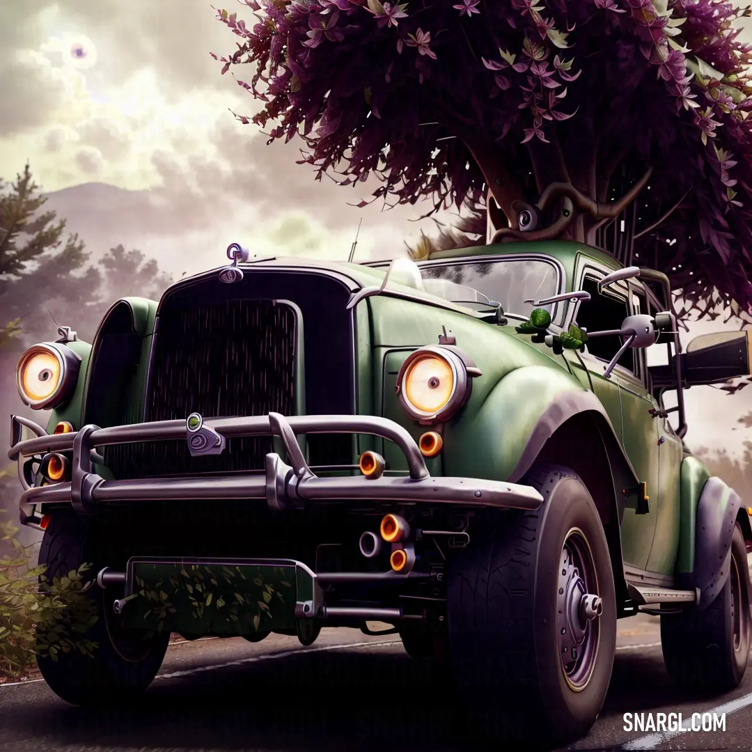 A green truck, carrying a tree in its bed, drives along a rural road, the road flanked by lush greenery. Overhead, the sky is overcast with soft clouds, giving the scene a calm, earthy feel as the truck travels through the serene landscape.