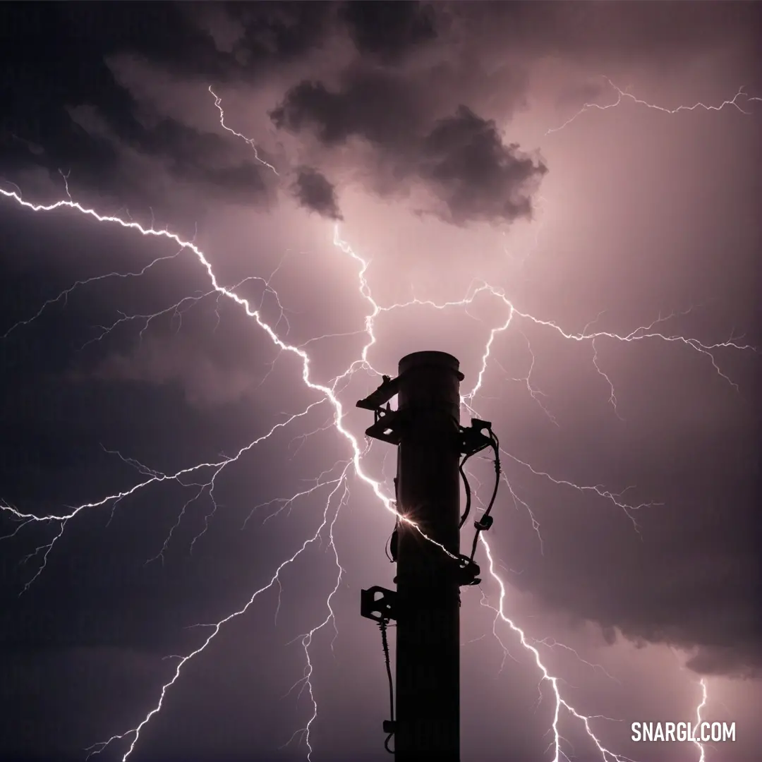 A fierce lightning bolt strikes a power pole, illuminating the night sky and highlighting the intricate details of the pole while the surrounding darkness adds an ominous yet captivating atmosphere.