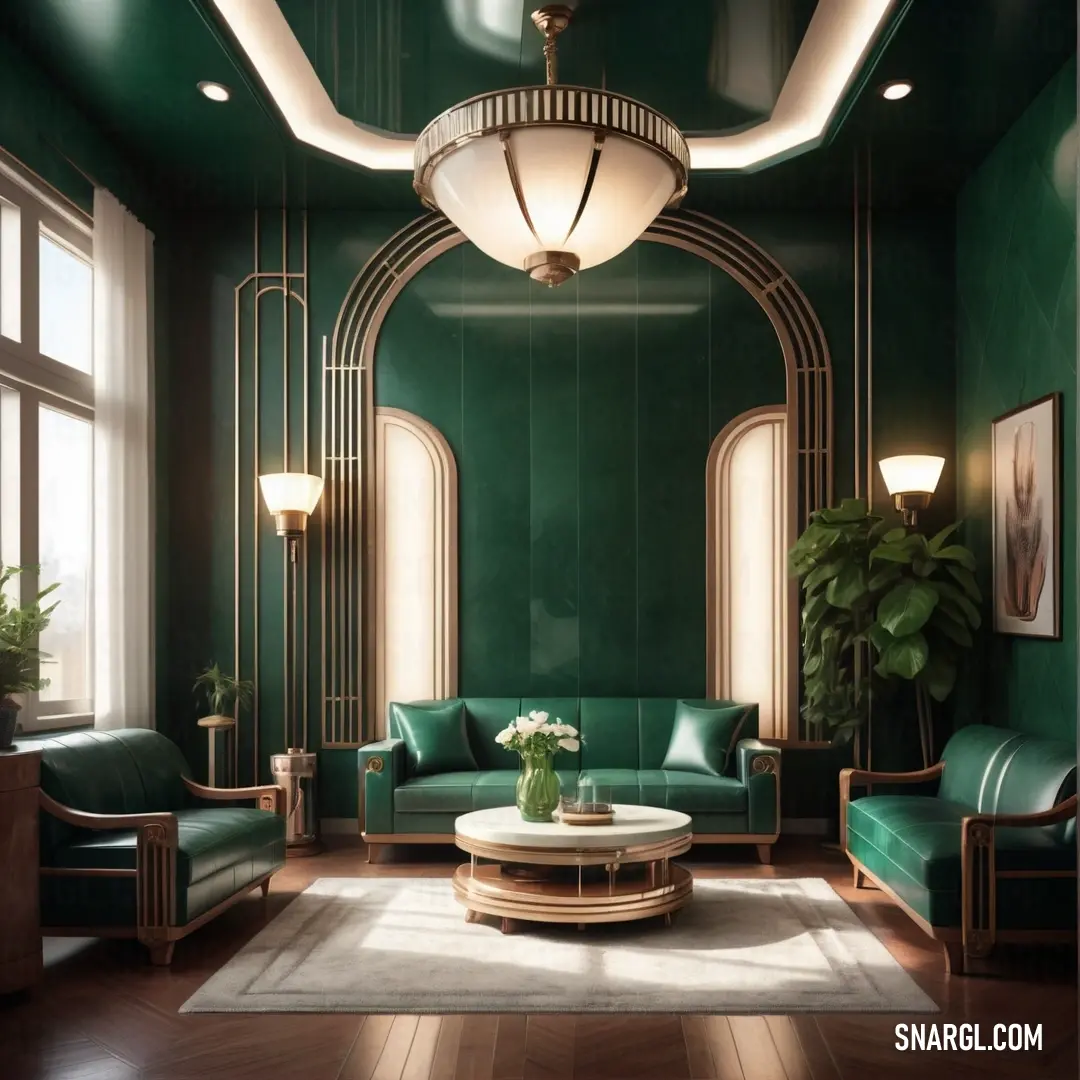 A cozy living room featuring green walls, a round coffee table, a green couch, and a comfortable chair arranged harmoniously in the space.