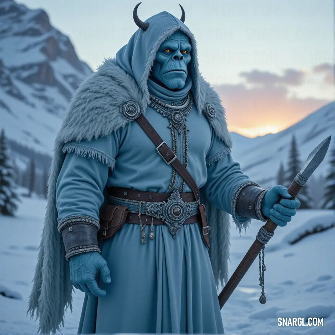 A striking portrayal of a man in a vibrant blue outfit wielding a sword and sporting a distinct horned headdress, set against a medieval castle backdrop that evokes intrigue and adventure.