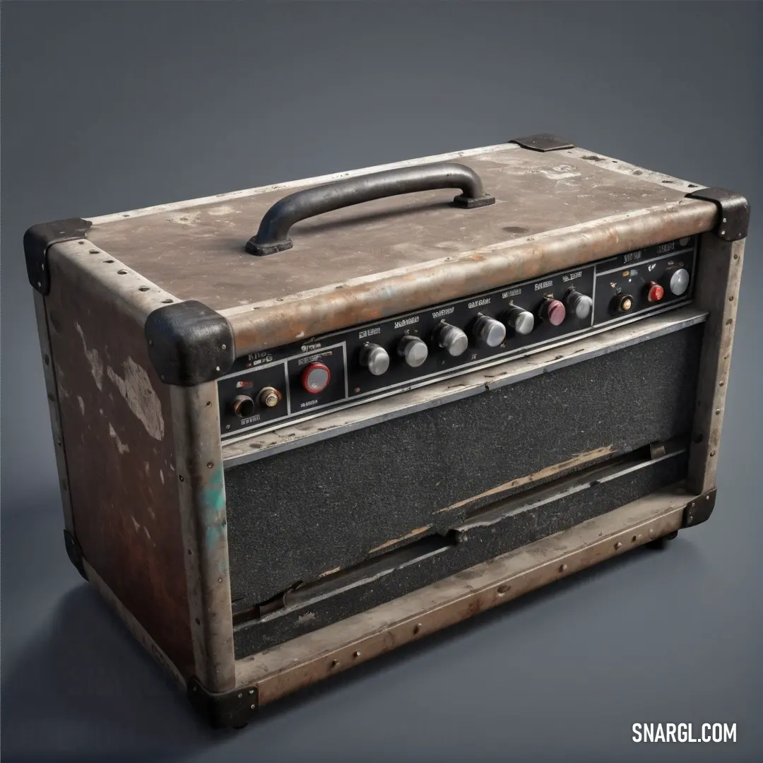 An old-fashioned amplifier sits gracefully on a textured gray background, exuding vintage charm. Its sturdy design and functional handle evoke memories of classic music and the nostalgia of bygone eras.