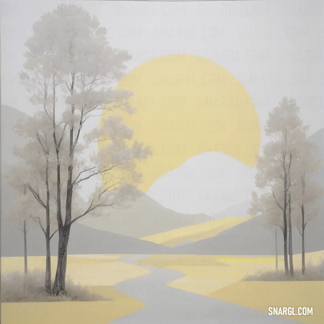 Painting of a road with trees and a yellow sun in the background. Example of RGB 222,203,153 color.