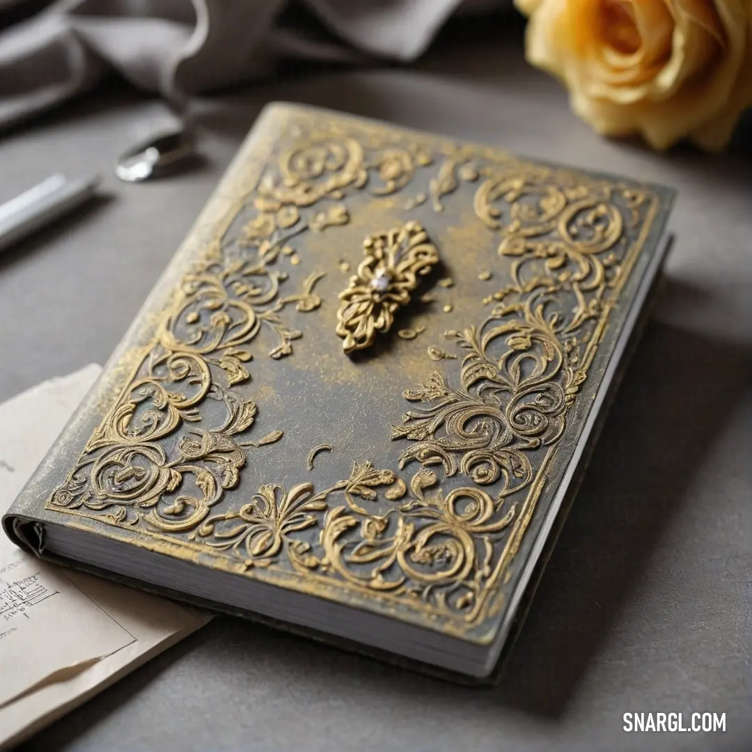 A beautifully adorned book featuring a golden flower lays next to a delicate pen and a vibrant rose on a stylish table. The soft hues of PANTONE 468 create a serene and elegant atmosphere, enhancing the overall aesthetic of the scene.