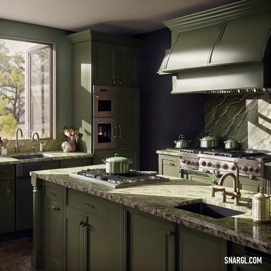 A cozy kitchen with rich green cabinets and a stove top oven, bathed in natural light. Through the window, the view of trees swaying gently outside brings a sense of tranquility to the homely setting, with warm and inviting tones everywhere.