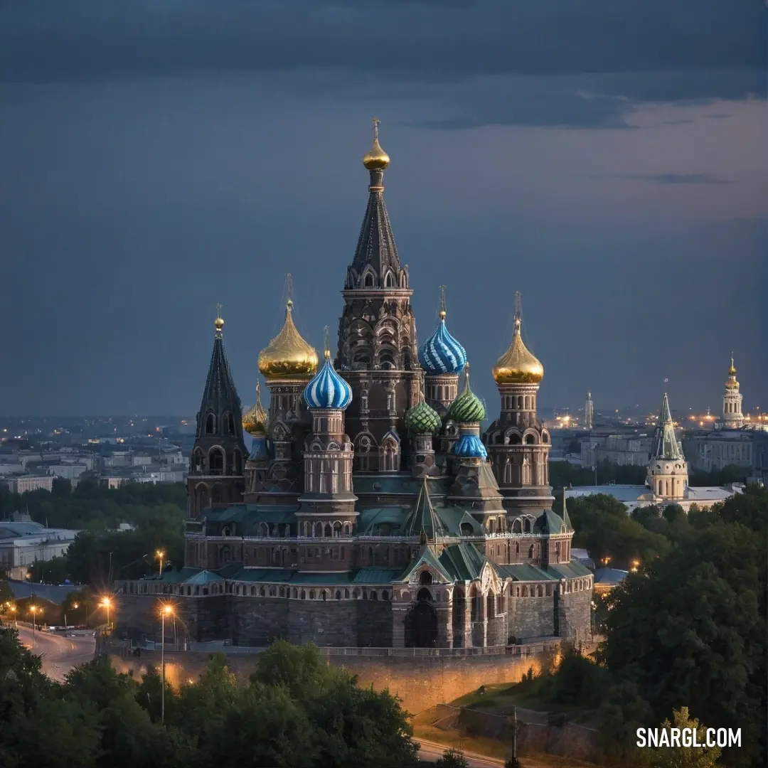 An elegant building adorned with multiple domes shines beautifully at night, framed against a city skyline that sparkles with life, creating a warm and inviting nighttime ambiance.