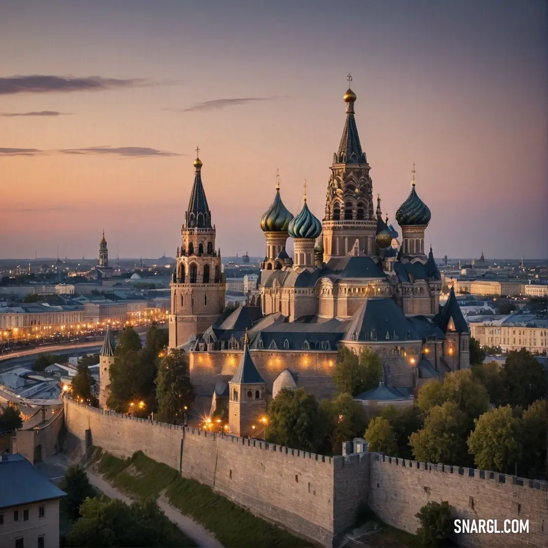 A magnificent building with towering structures illuminated by city lights at dusk, stands as a beacon of urban life, encased in an enchanting evening atmosphere.