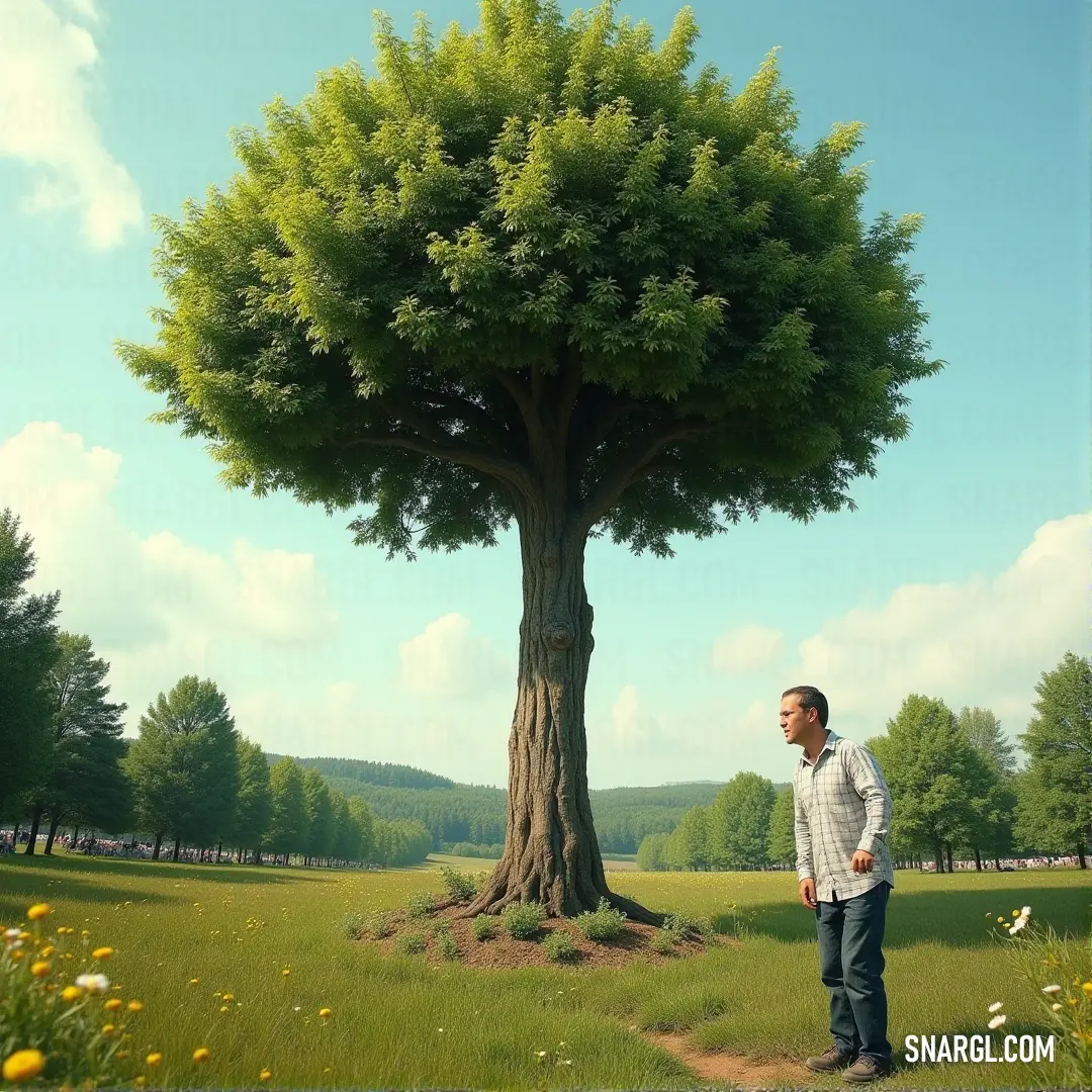 A man stands serenely in a field, surrounded by blooming flowers and lush grass, with a majestic tree looming behind him under a clear blue sky, creating a tranquil and picturesque scene.