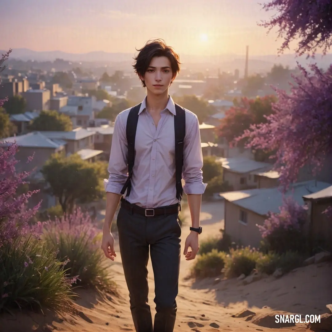 A man walks confidently down a rustic dirt road, a sturdy backpack slung over his shoulder. Vibrant pink flowers bloom in the background, contrasting with the earthy tones of the path that invite exploration and adventure.