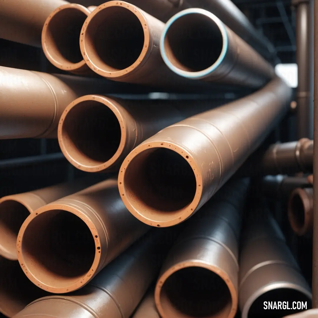 A stack of pipes in a warehouse, neatly arranged and ready for storage and use, offering a practical industrial setting.