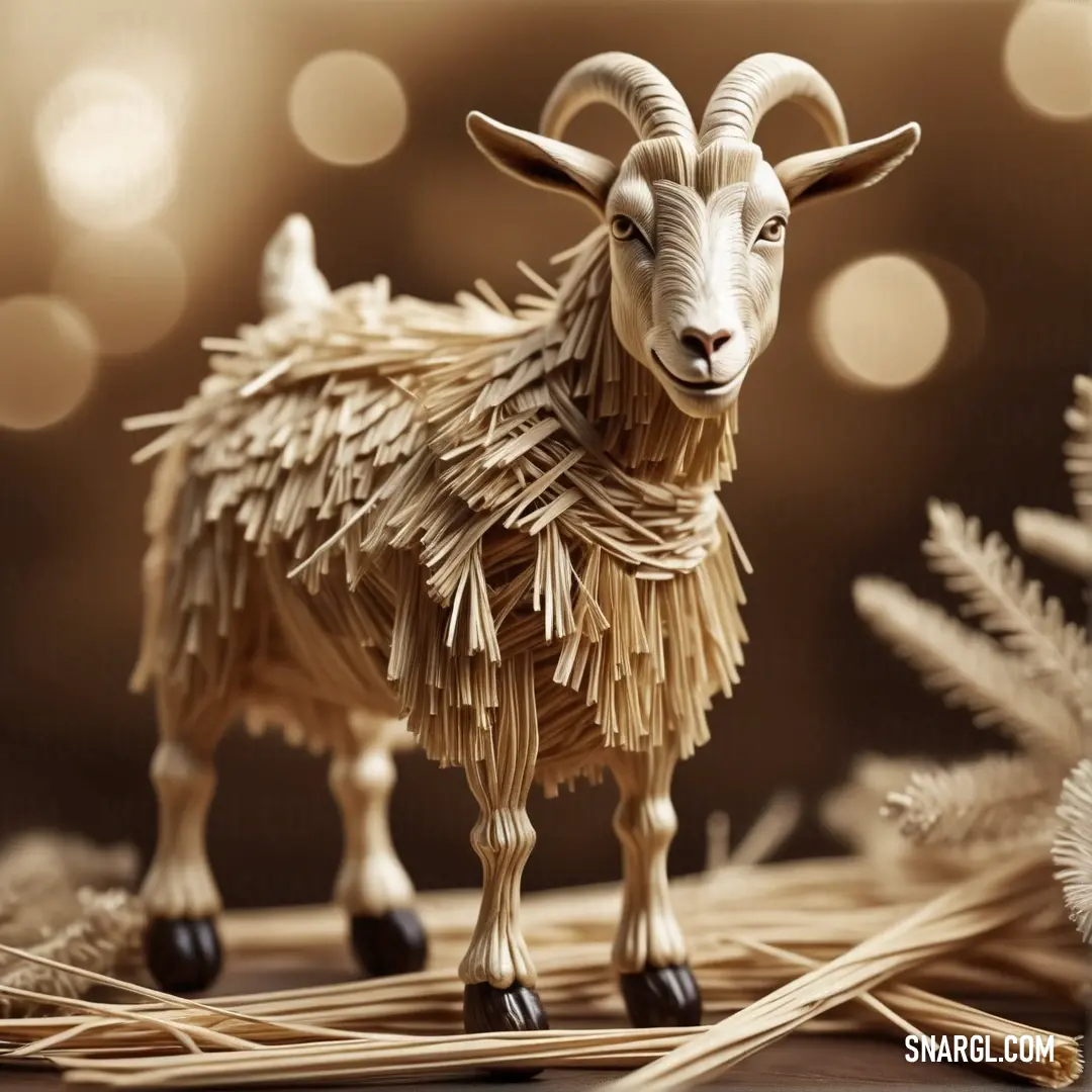 Wooden goat is standing on a table next to a christmas tree branch and a christmas ornament. Color RGB 222,203,153.