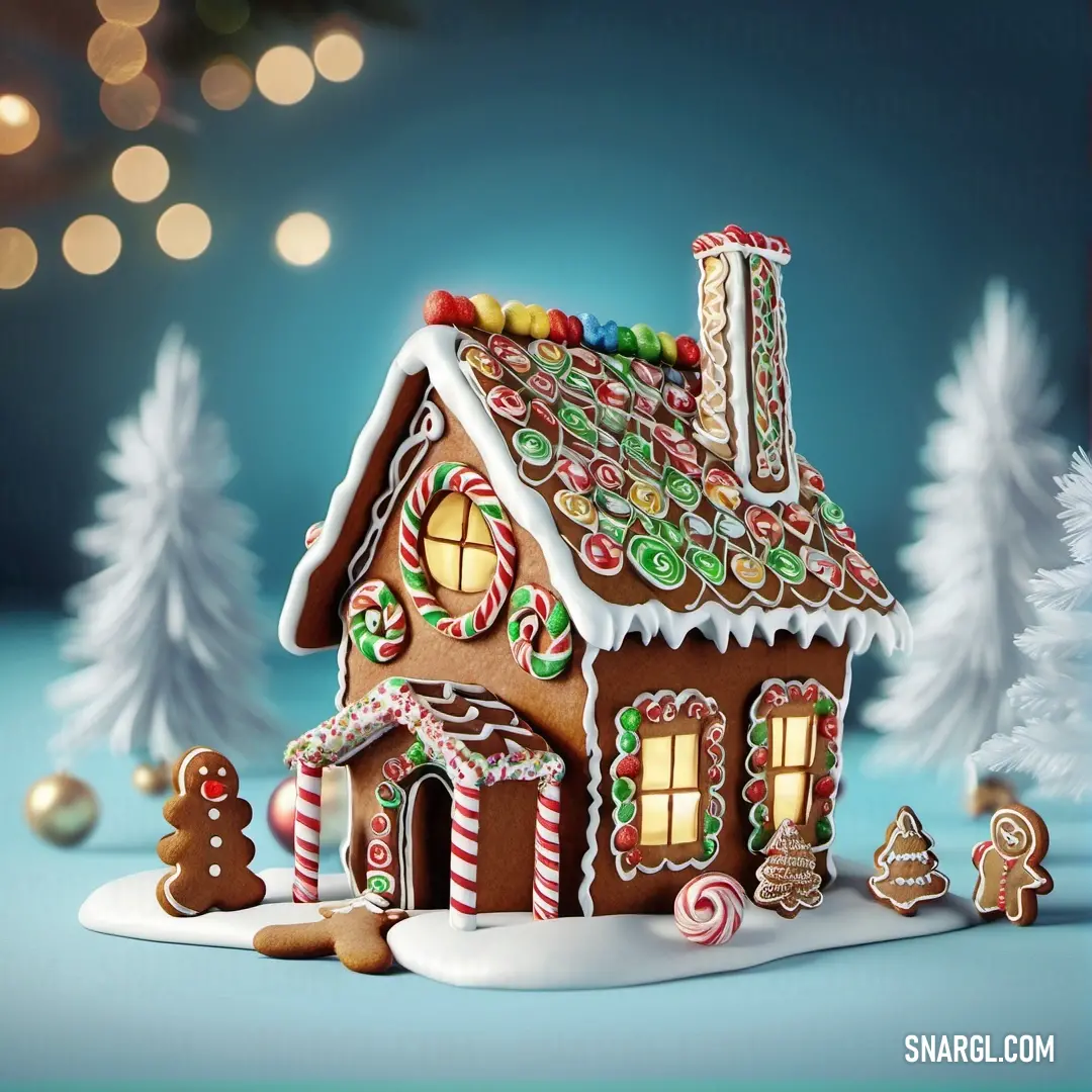 Gingerbread house with candy and candy canes on the roof and trees in the background. Example of CMYK 24,79,100,73 color.