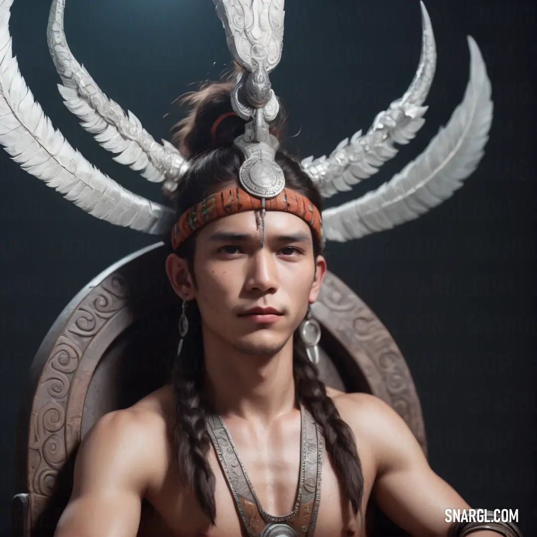 Man with a headdress and a sword in his hand and a ring around his neck. Example of PANTONE 4695 color.