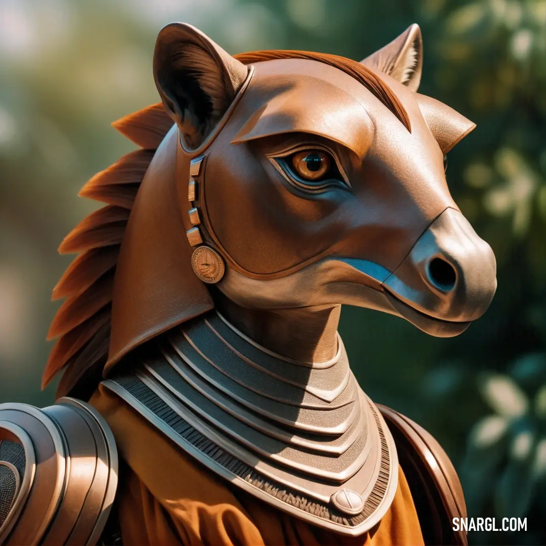 Close up of a horse wearing a helmet and armor with a tree in the background. Color PANTONE 470.