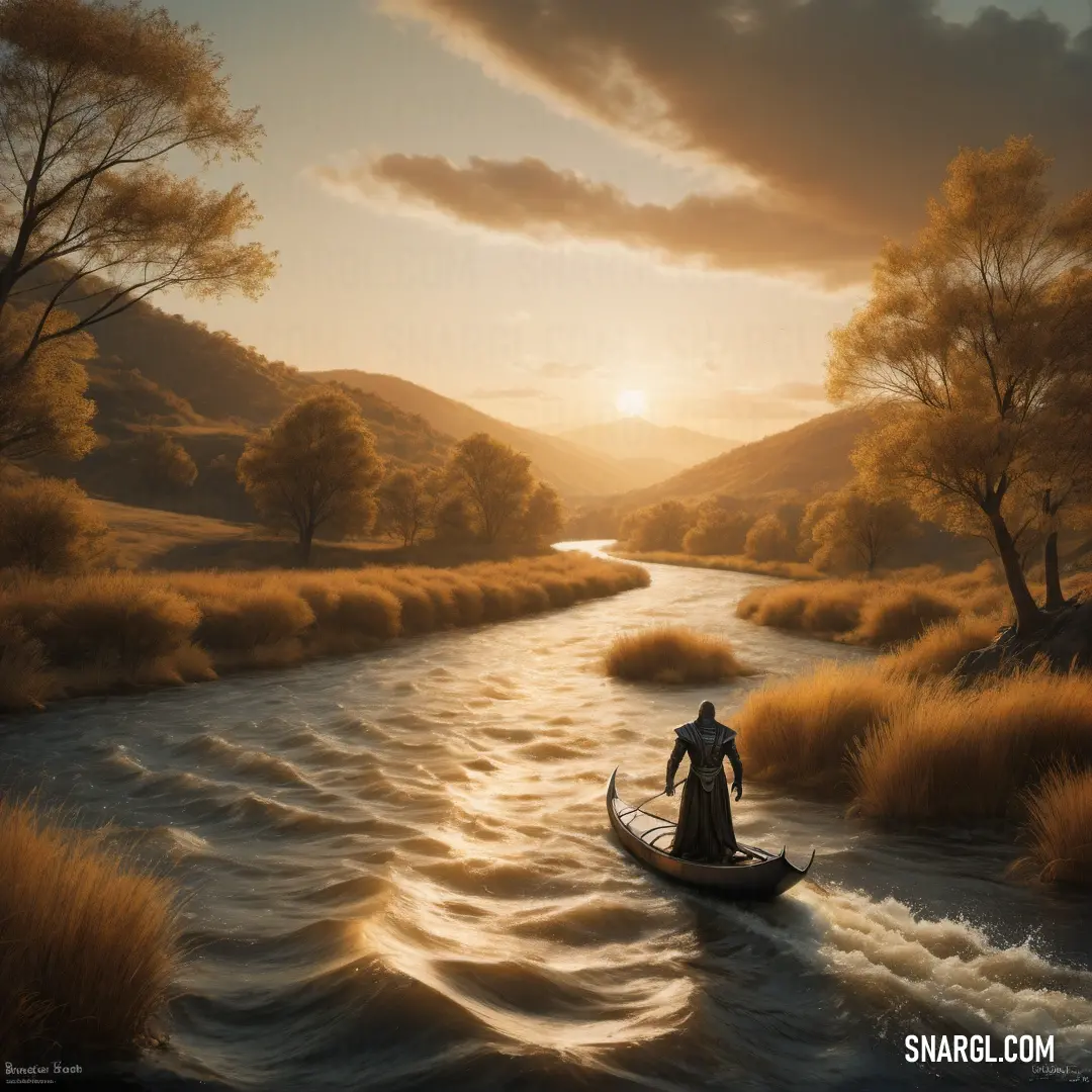 Man in a boat on a river at sunset with a sunset in the background. Color #A7632C.