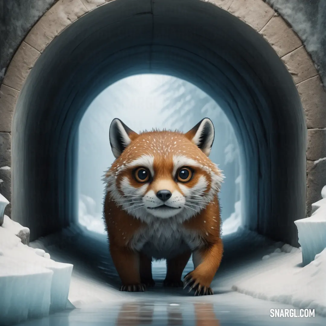 Red panda standing in a tunnel with snow on the ground and ice on the ground and a light at the end of the tunnel