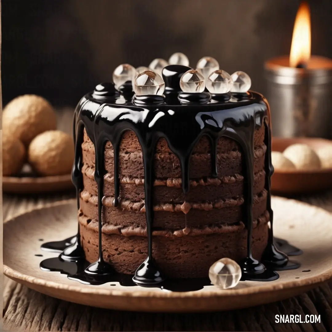 Chocolate cake with chocolate icing and chocolate decorations on a plate with a lit candle in the background. Color PANTONE 4705.