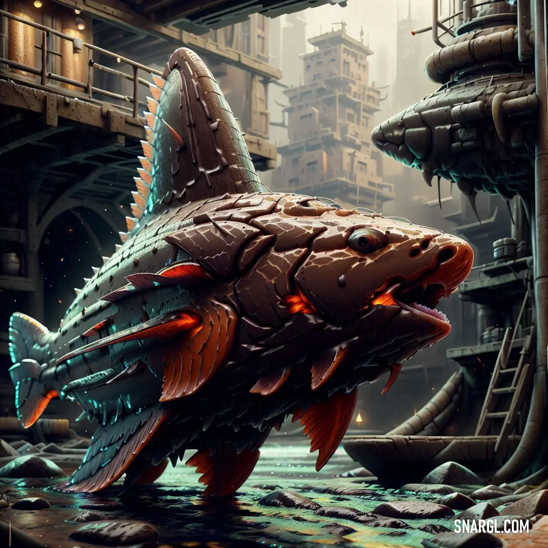 Large fish with a huge mouth in a city setting with a building in the background. Example of RGB 119,81,66 color.