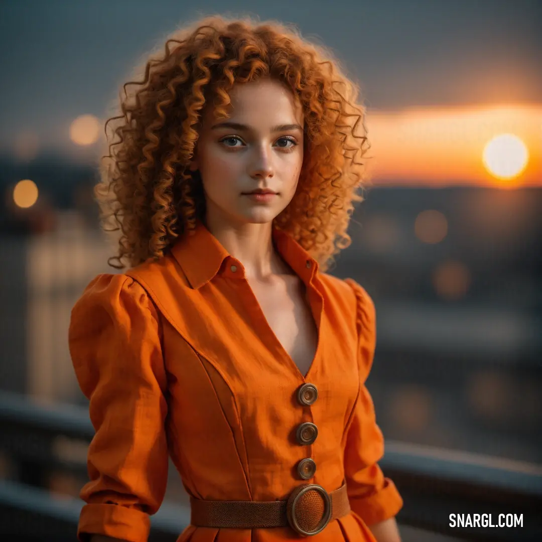 PANTONE 471 color example: Woman with red hair is standing on a balcony at sunset with a city in the background