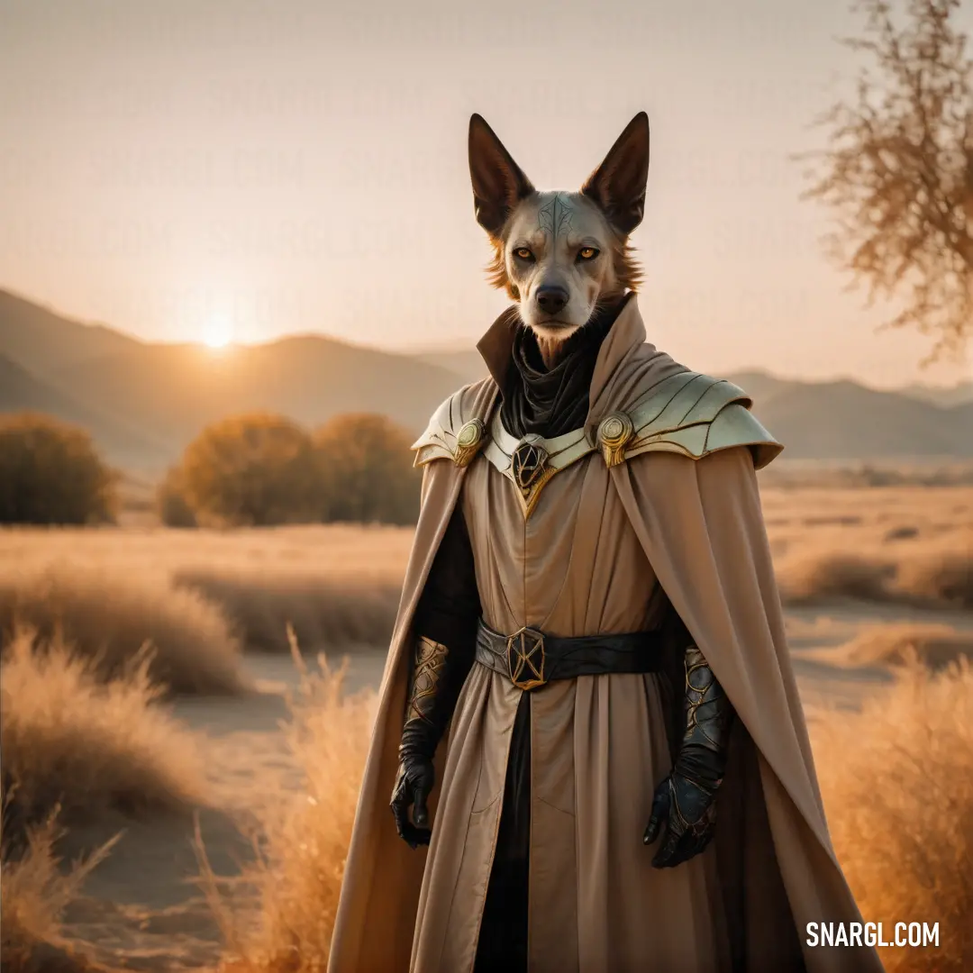 Dog dressed in a costume standing in a field with a sunset behind it and a person in a cape. Example of RGB 145,106,87 color.