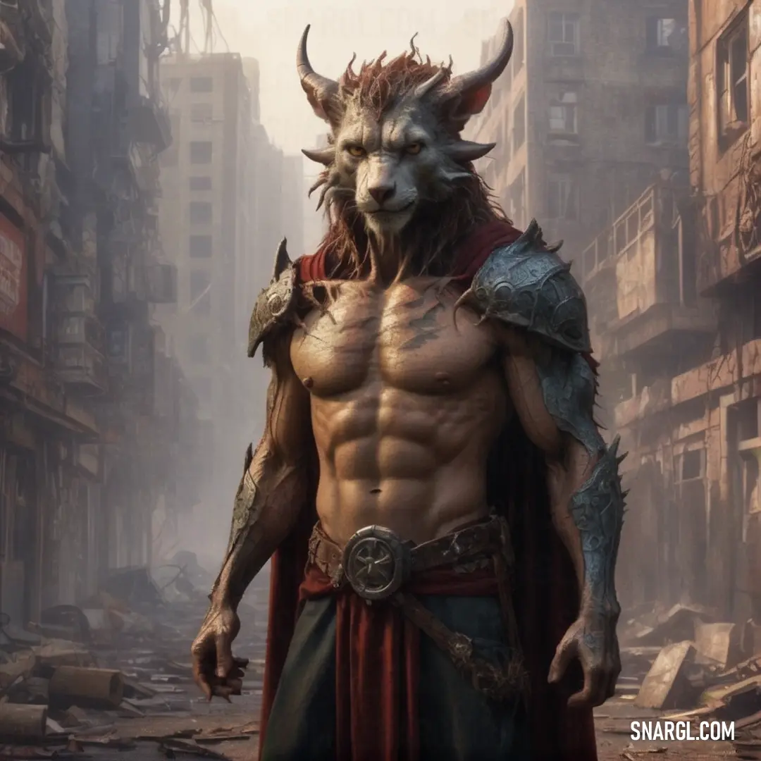 Man with a horned head and horns standing in a city street with a demon like face on his chest. Color RGB 145,106,87.