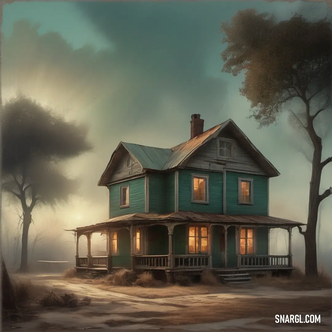 Painting of a house with a porch and porches on a foggy day with trees and a tree. Color PANTONE 4715.