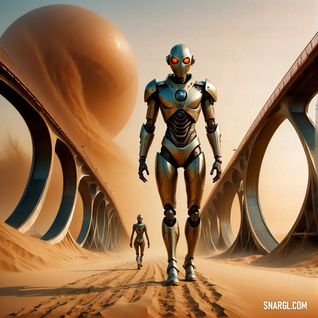 PANTONE 472 color. Man and a robot walking in the desert towards a bridge with a giant ball in the background