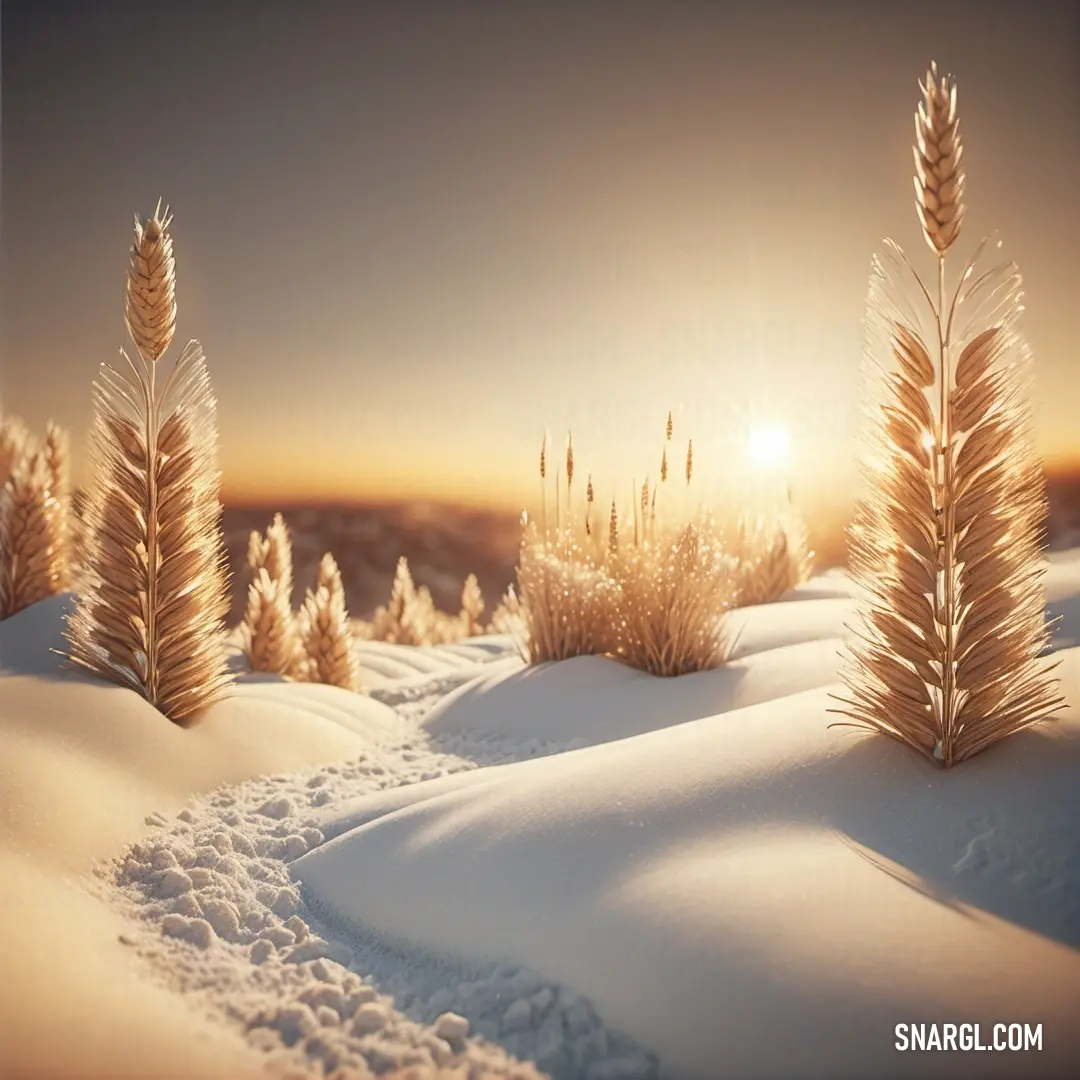 Snowy landscape with a sun setting in the background. Example of #E6A673 color.