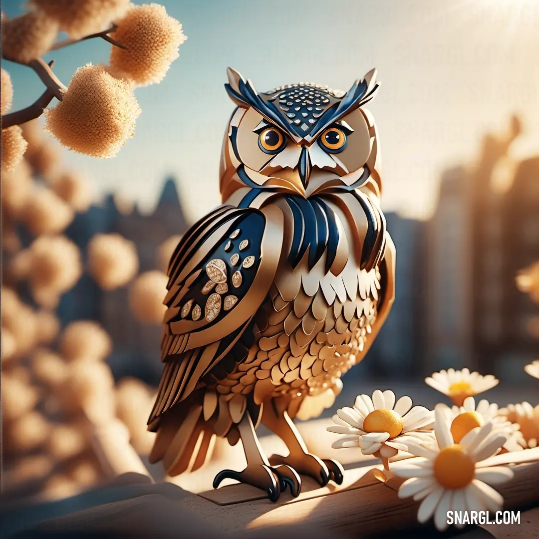 Wooden owl on a ledge next to daisies and a tree branch with a city in the background. Color #E6A673.