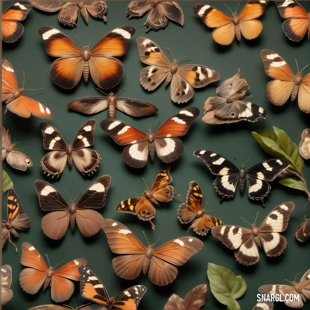 PANTONE 4725 color. Group of butterflies on top of a green surface with leaves on it and a brown frame around them