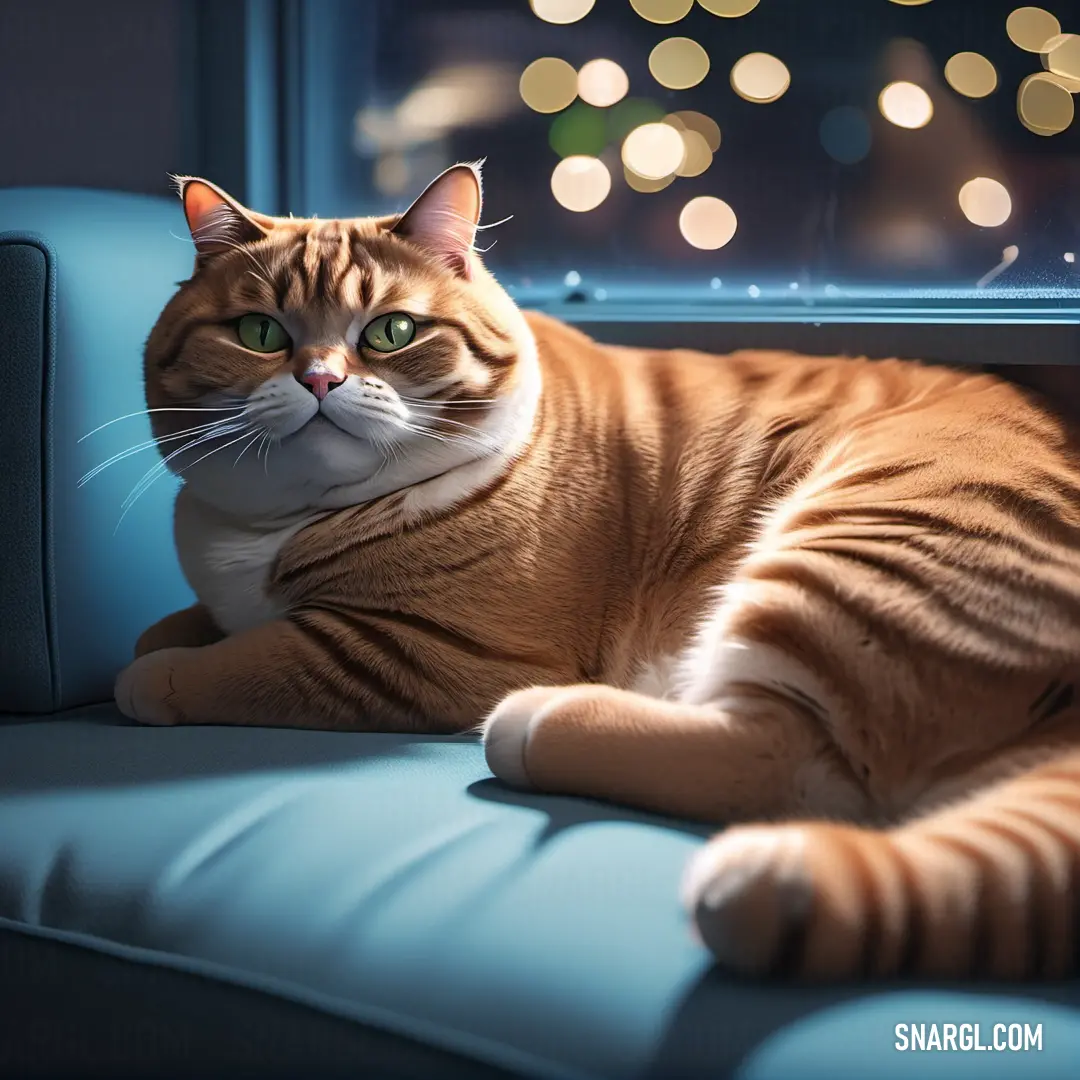 Cat laying on a blue couch in front of a window with a christmas light in the background and a blue couch