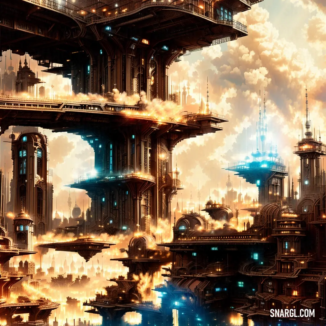Futuristic city with a lot of tall buildings and a bridge over a river